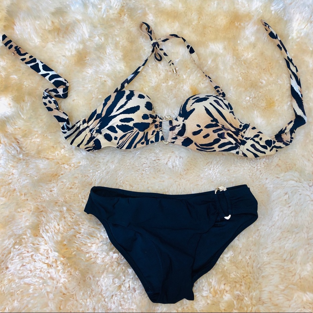 Natori bikini set tiger animal print w/ gold metal accent resort swimsuit